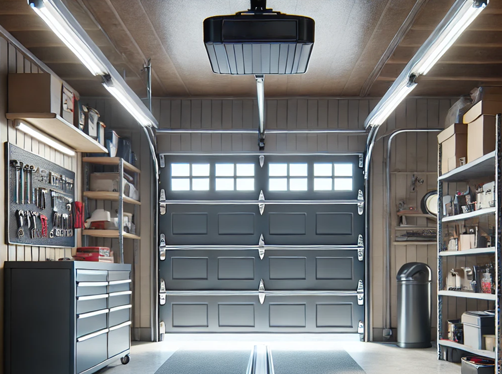 Technician repairing a garage door opener in San Antonio, Texas
